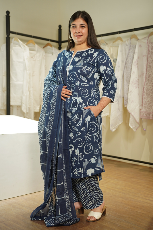 Indigo Kalamkari A-line Cotton Suit Set