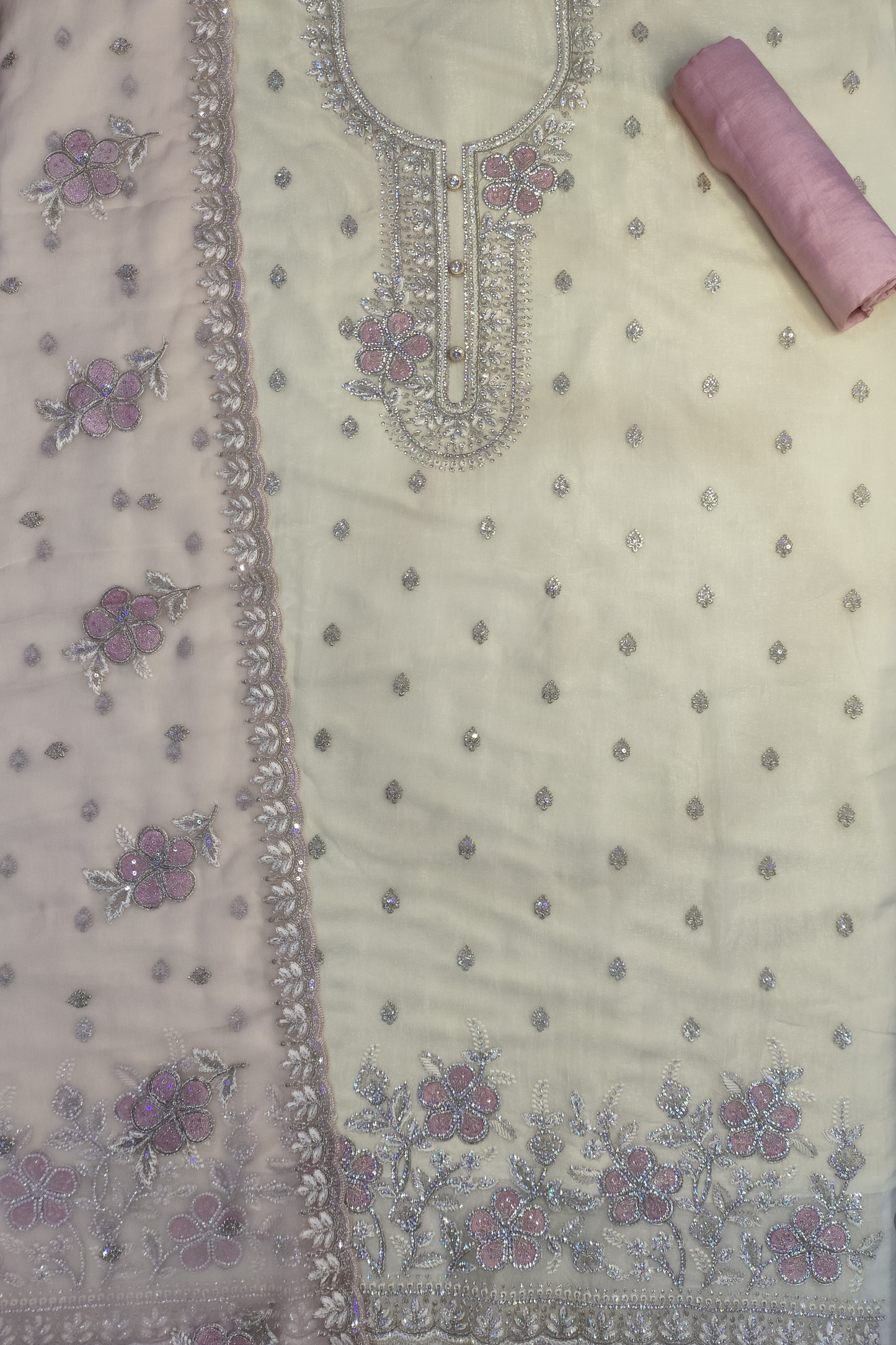 Ivory Pink Crushed Shimmer Suit with Handwork