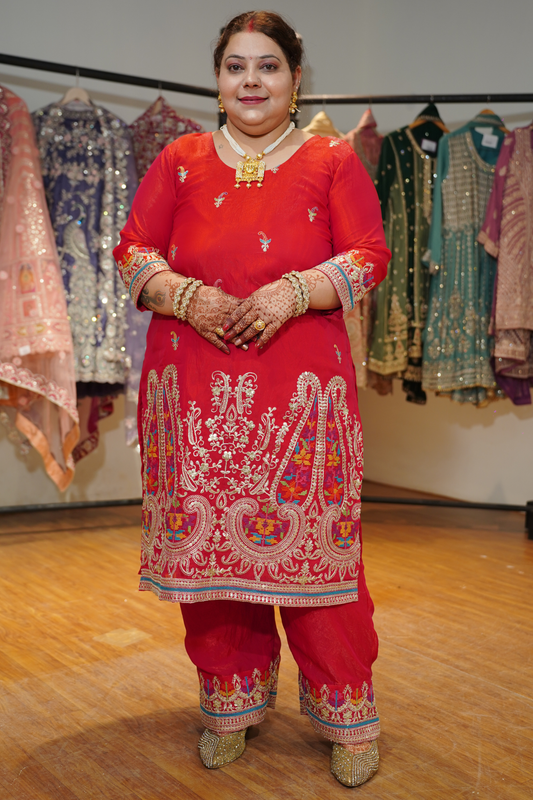 Kanika Red Suit Set With Zari & Thread Embroidery
