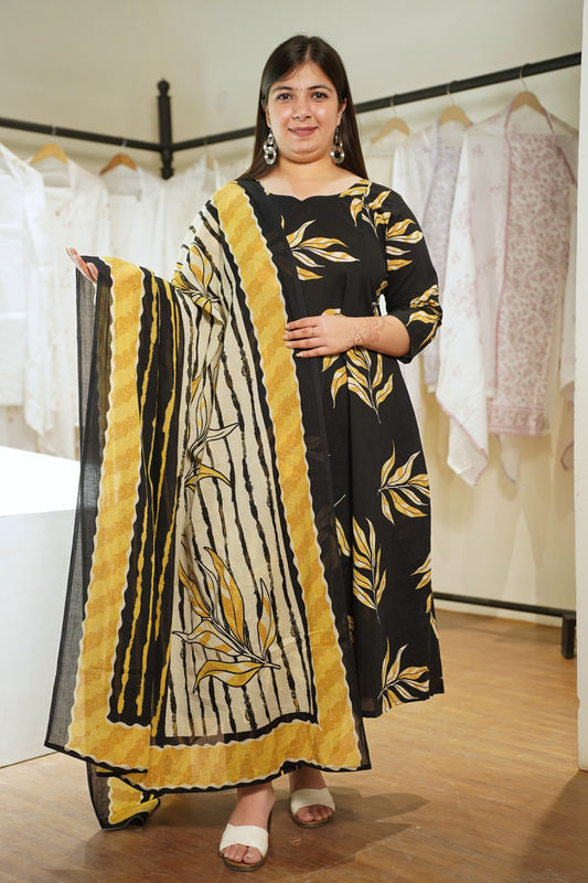 Lemony Black Kalidar Block Printed Cotton Suit
