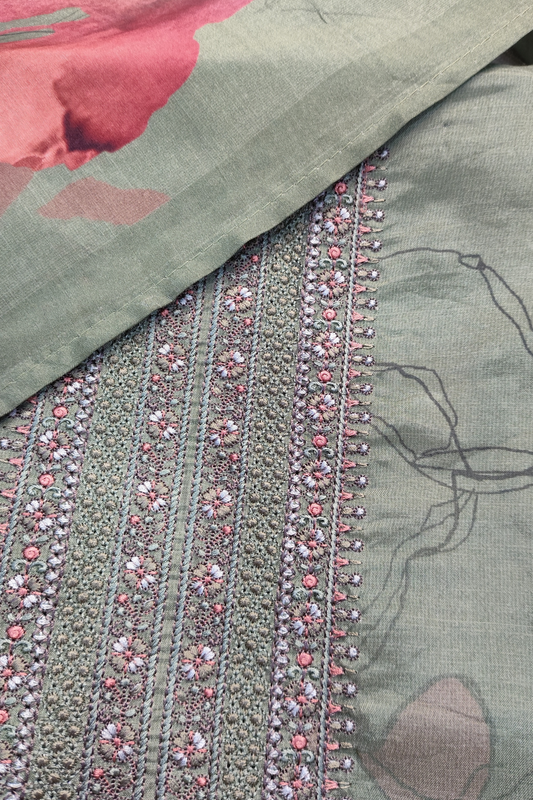 Olive Floral Muslin Suit with Thread Work