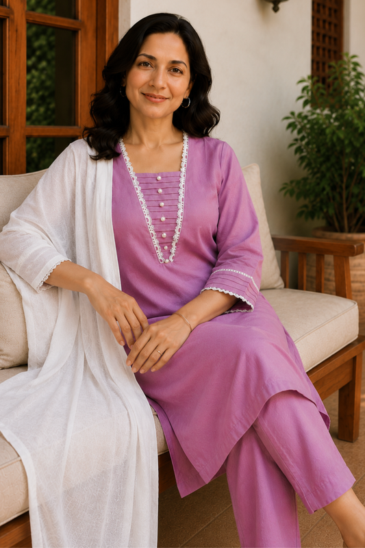 Lilac Pearl & Pintuck Cotton Suit Set