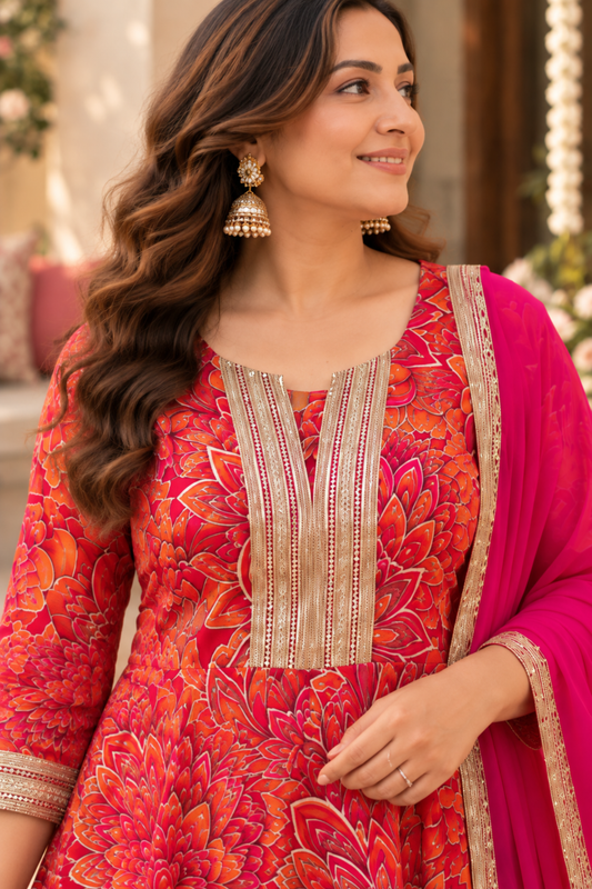 Raspberry Glow Chinon Anarkali Set