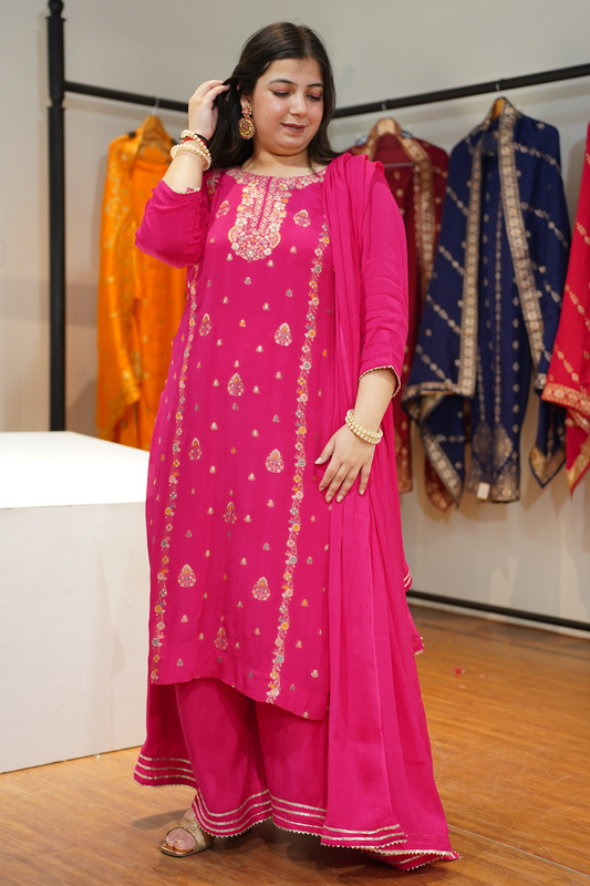 Gulzaar Magenta Chinon Sharara Suit