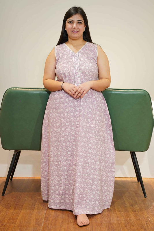 Mauve Printed Cotton Night Gown