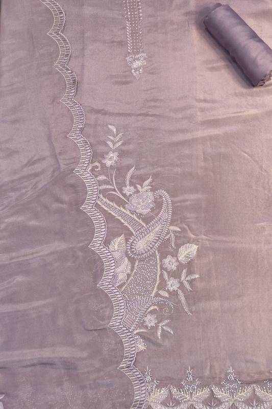Mauve Shimmer Silk Suit With Swarovski Work