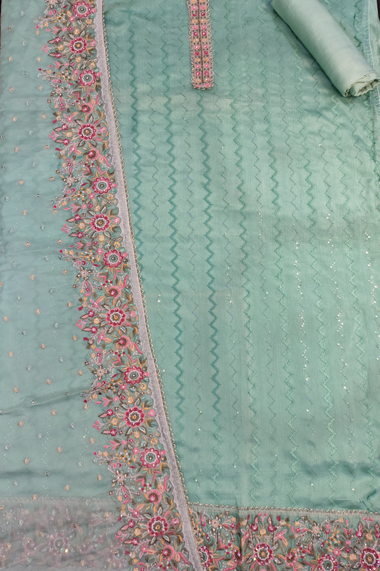 Mint Green Thread Embroidered Chinon Suit