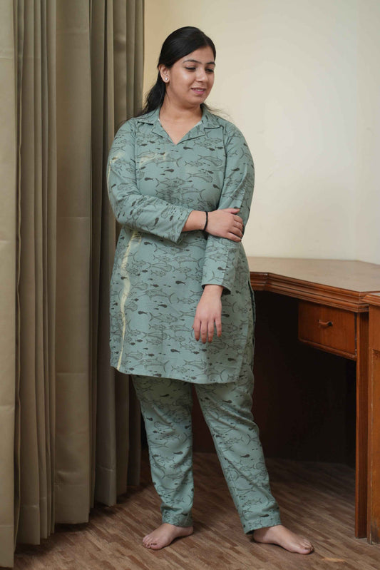 Buy Plus Size Mint Marine Woollen Night Suit At Apella | Sizes XS to 10 XL | India | Free Delivery | Customized