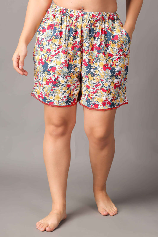 Buy Plus Size Motley Floral Rayon Shorts At Apella | Sizes XS to 10 XL | India | Free Delivery | Customized