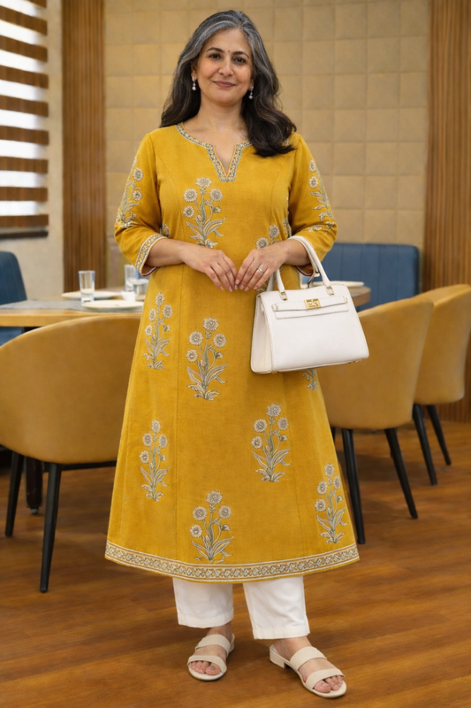 Mustard Olive Printed Cotton Kali Kurta