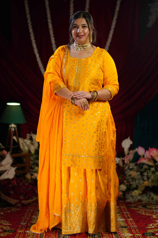 Mustard Gold Jacquard Skirt Suit