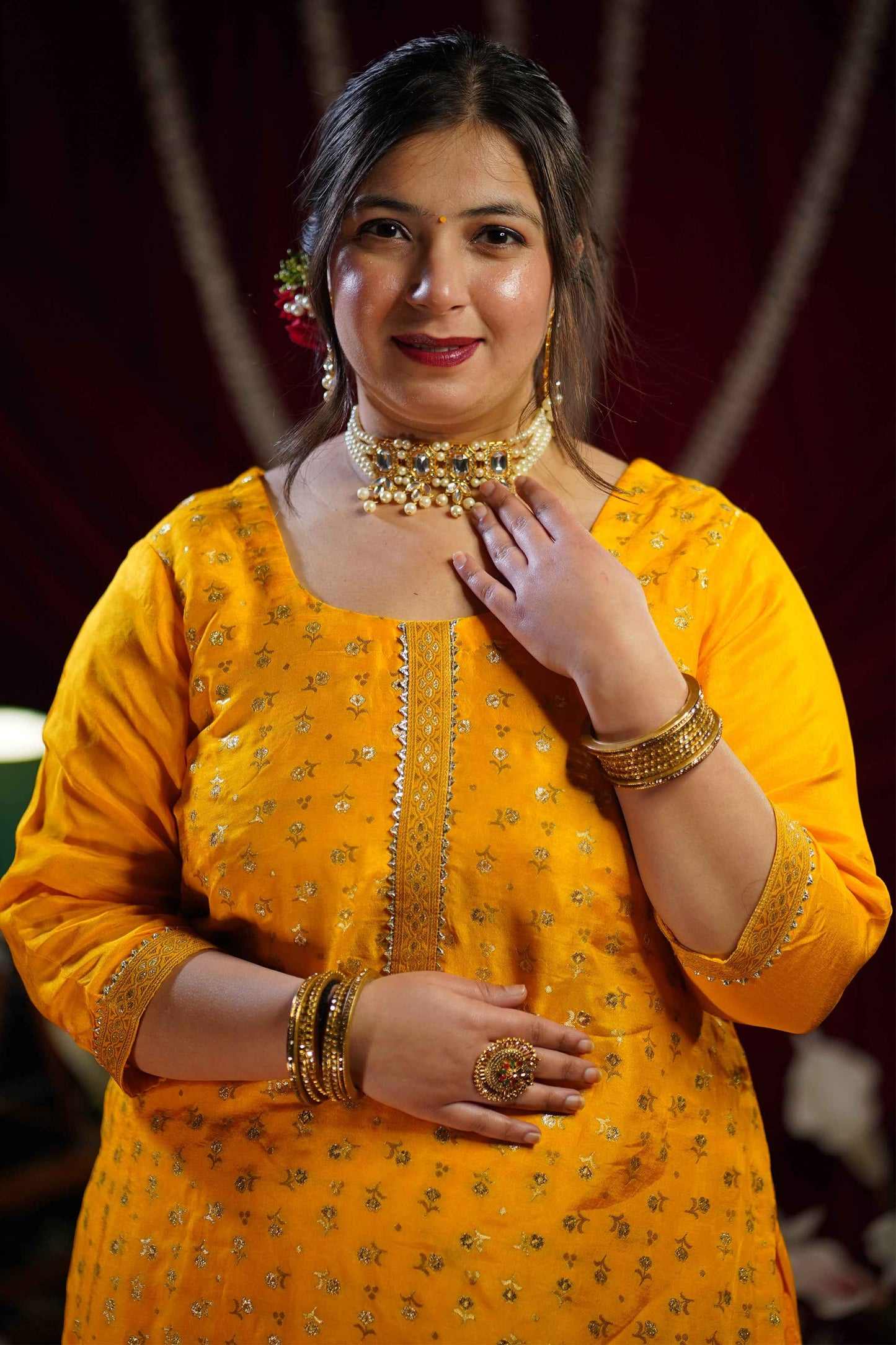 Mustard Gold Jacquard Skirt Suit