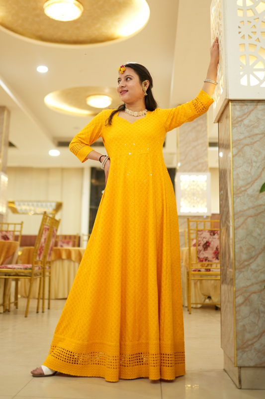Buy Plus Size Mustard Gold Sequined Fancy Dress At Apella | Sizes XS to 10 XL | India | Free Delivery | Customized