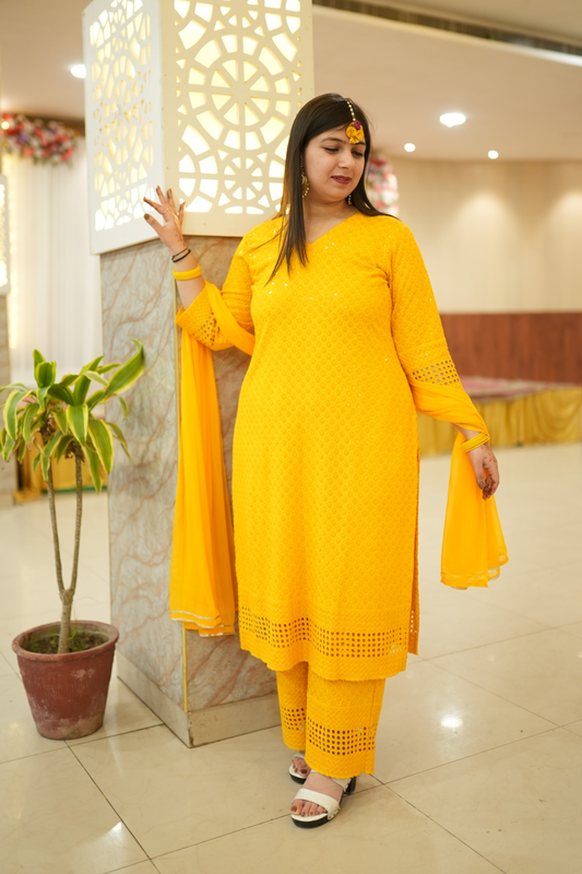Buy Plus Size Mustard Gold Sequined Suit Set At Apella | Sizes XS to 10 XL | India | Free Delivery | Customized