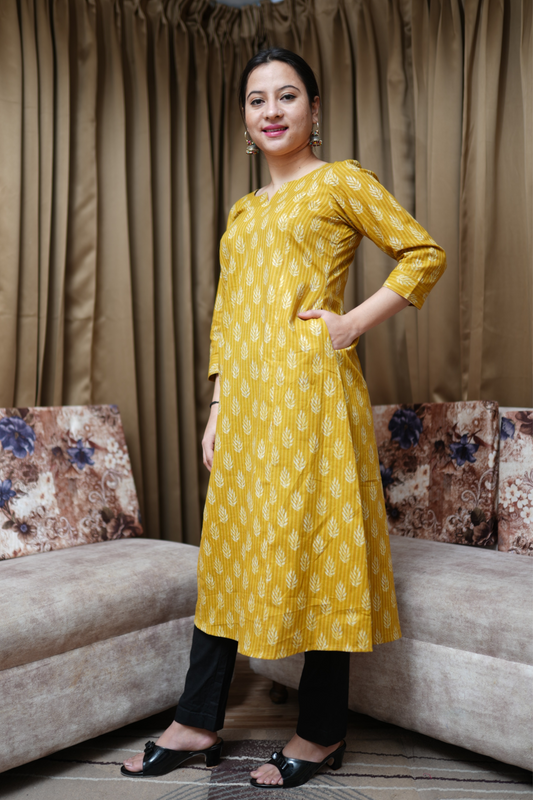 Buy Plus Size Mustard Yellow Ikat Cotton Kurta At Apella | Sizes XS to 10 XL | India | Free Delivery | Customized