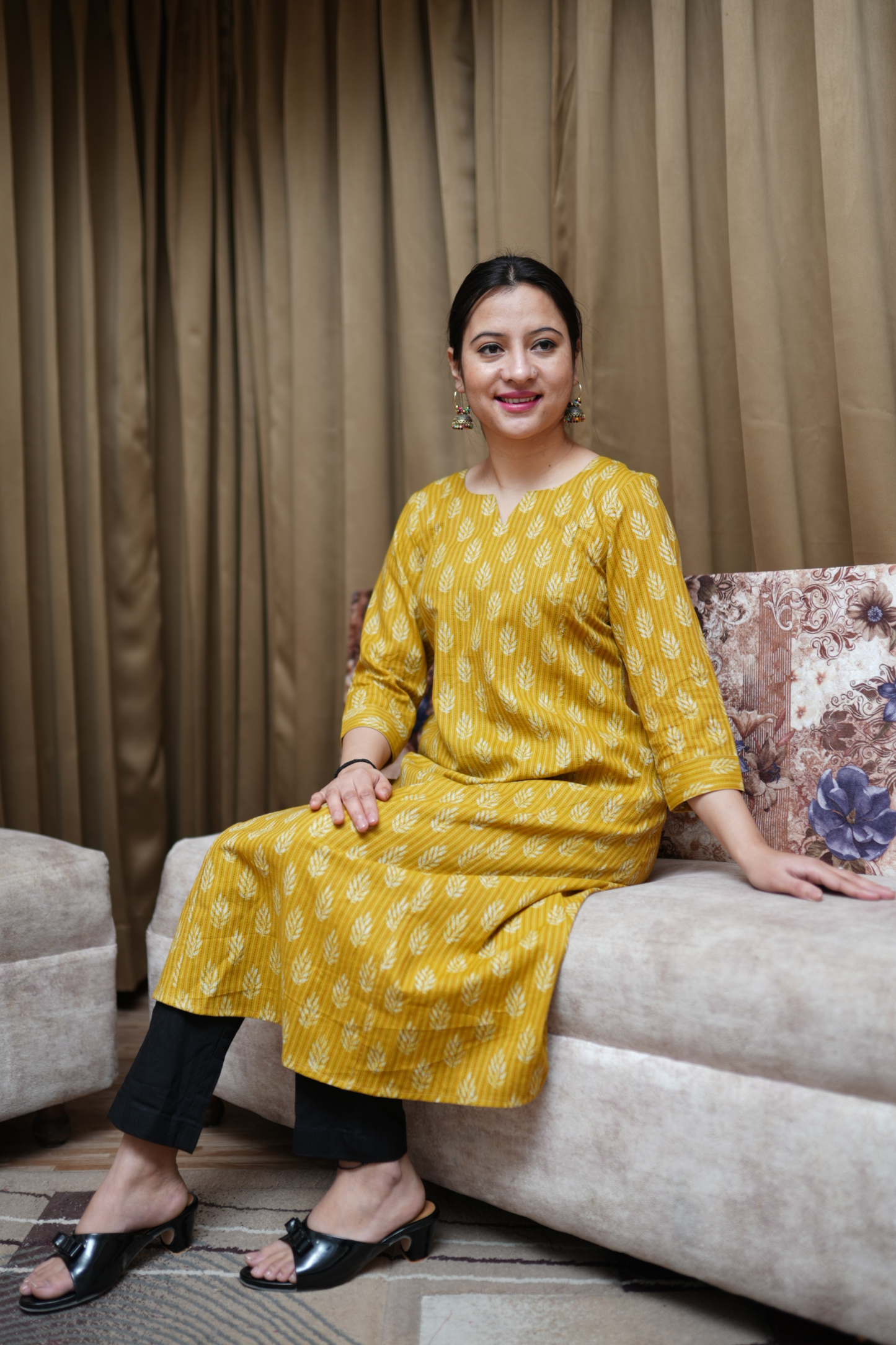Buy Plus Size Mustard Yellow Ikat Cotton Kurta At Apella | Sizes XS to 10 XL | India | Free Delivery | Customized