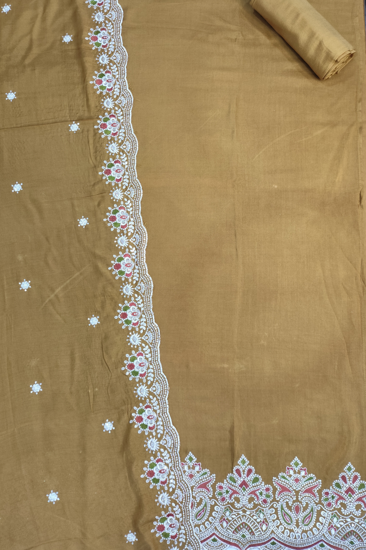 Mustard Muslin Suit with Ivory Thread Work