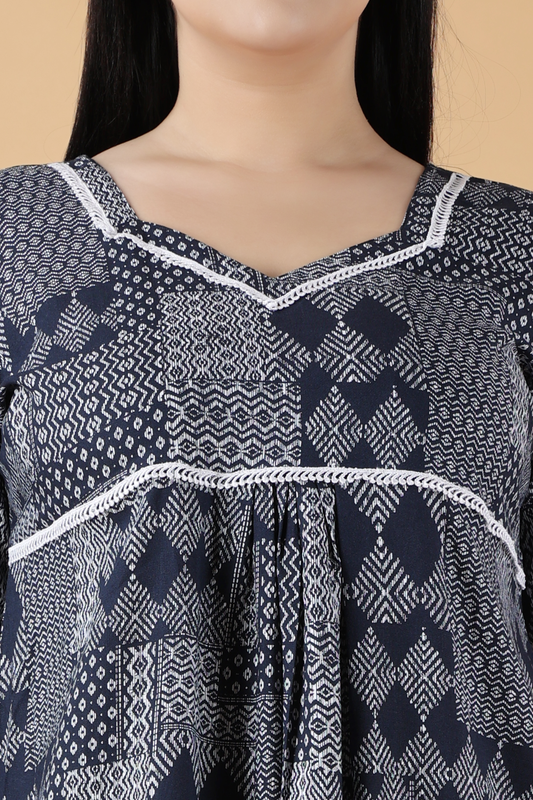 Navy Printed Rayon Night Gown
