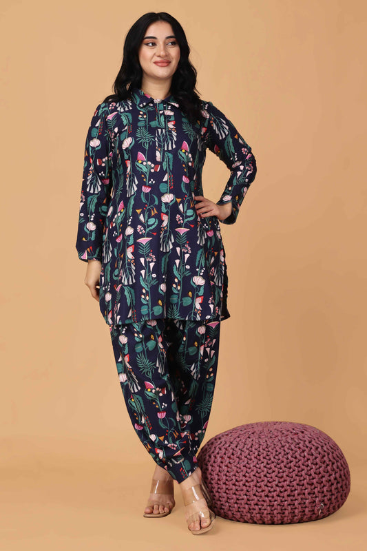 Navy Floral Stripe Afghani Set