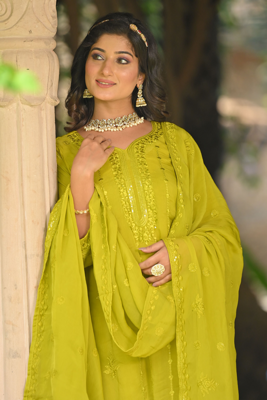 Buy Plus Size Olive Glimmer Organza Sequin Suit At Apella | Sizes XS to 10 XL | India | Free Delivery | Customized