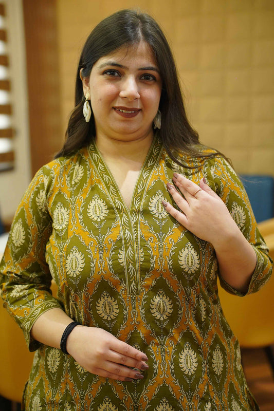 Olive Henna Block Cotton Kali Kurta