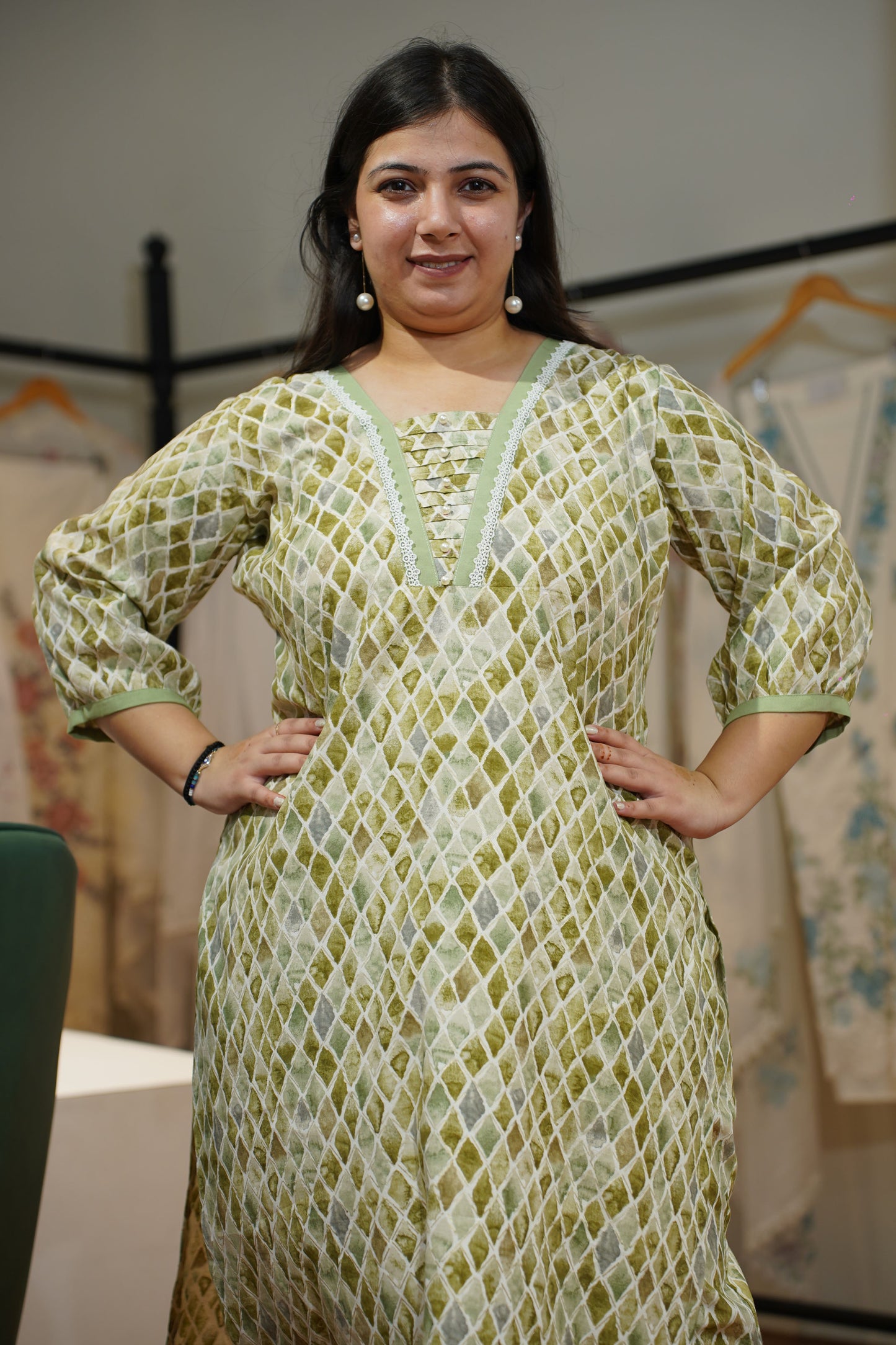 Olive Pearl & Pintuck Suit Set