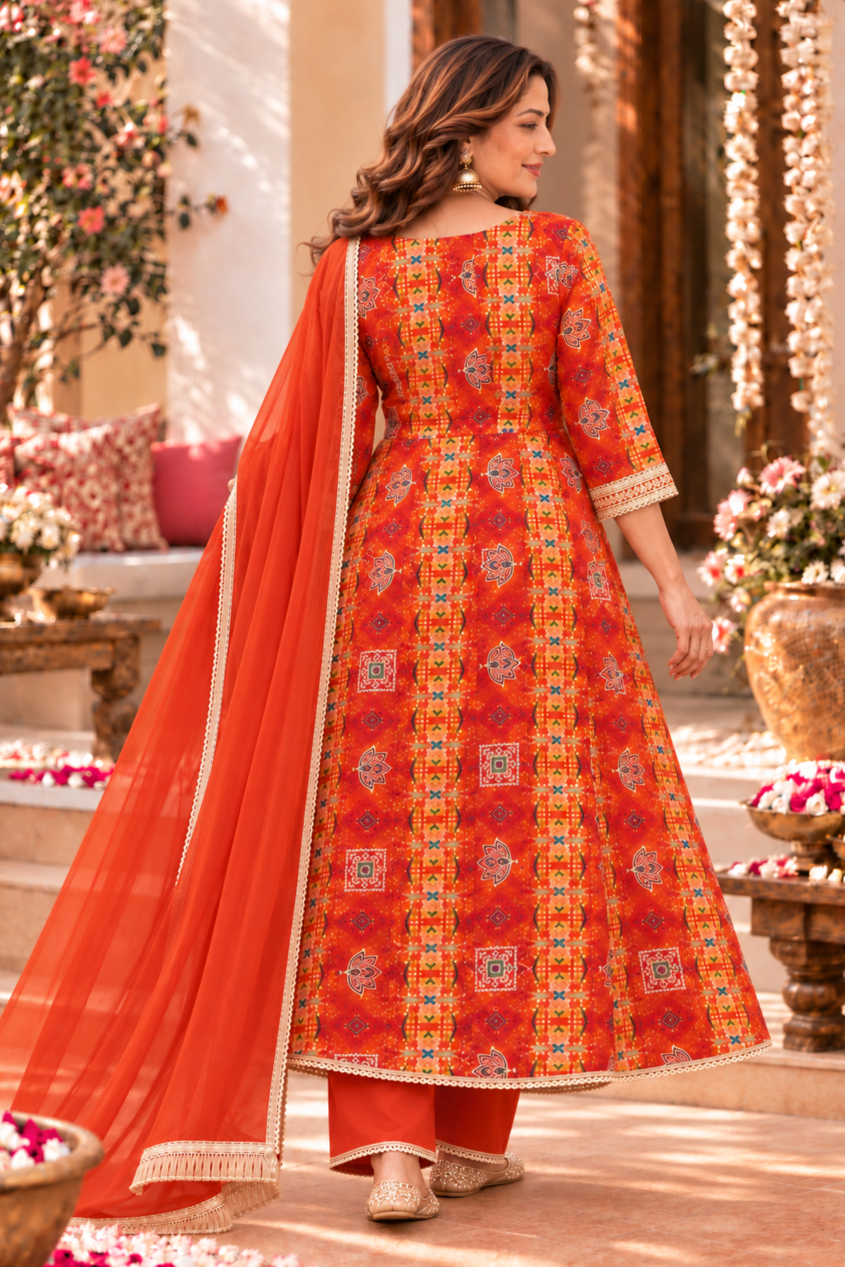 Fiery Tangerine Foiled Anarkali Set