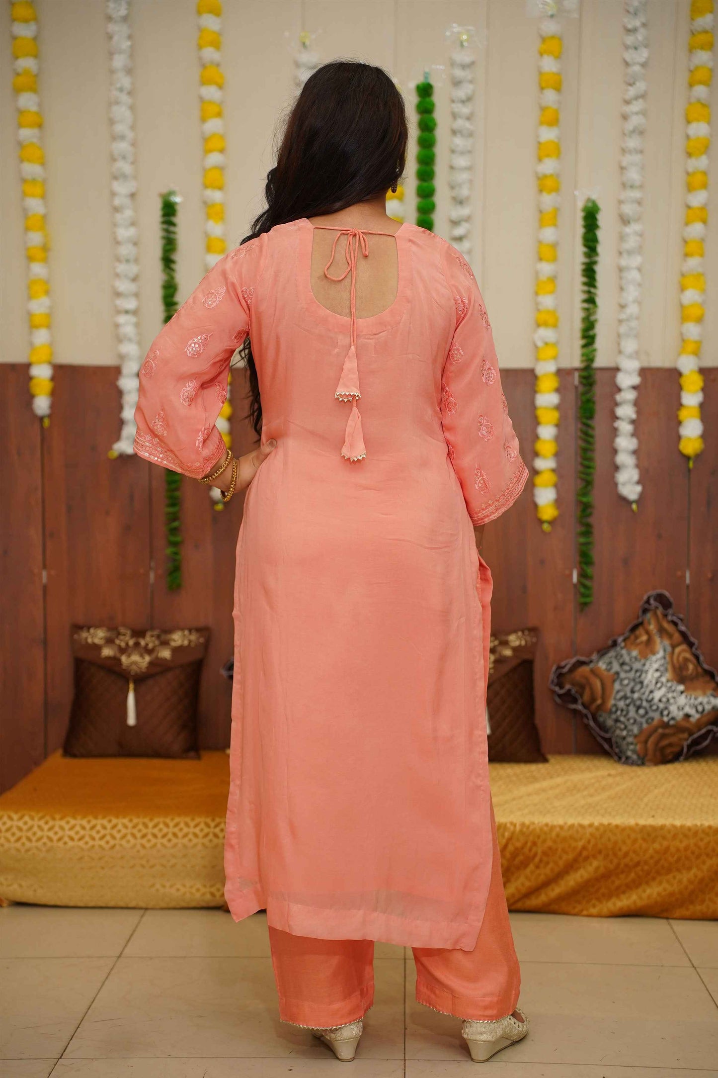 Buy Plus Size Peach Sequined Organza Suit Set At Apella | Sizes XS to 10 XL | India | Free Delivery | Customized