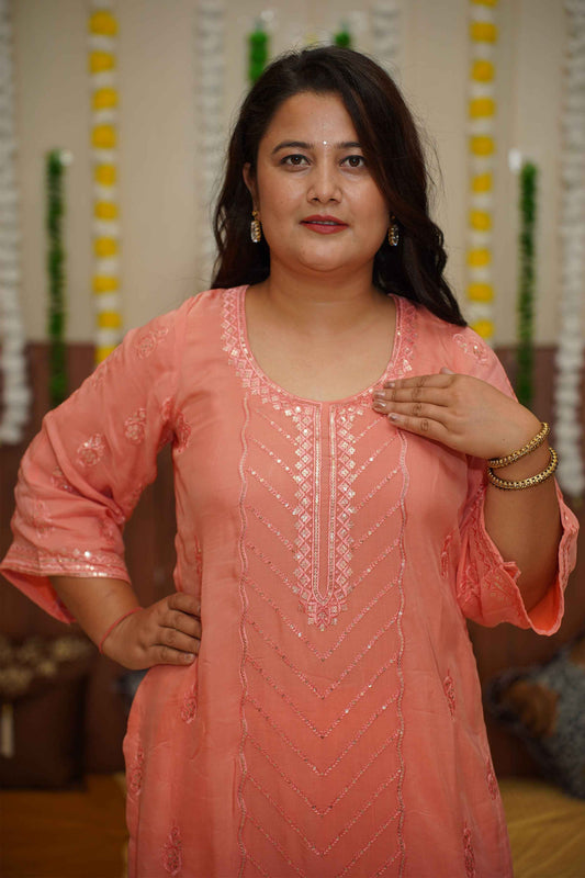 Buy Plus Size Peach Sequined Organza Suit Set At Apella | Sizes XS to 10 XL | India | Free Delivery | Customized