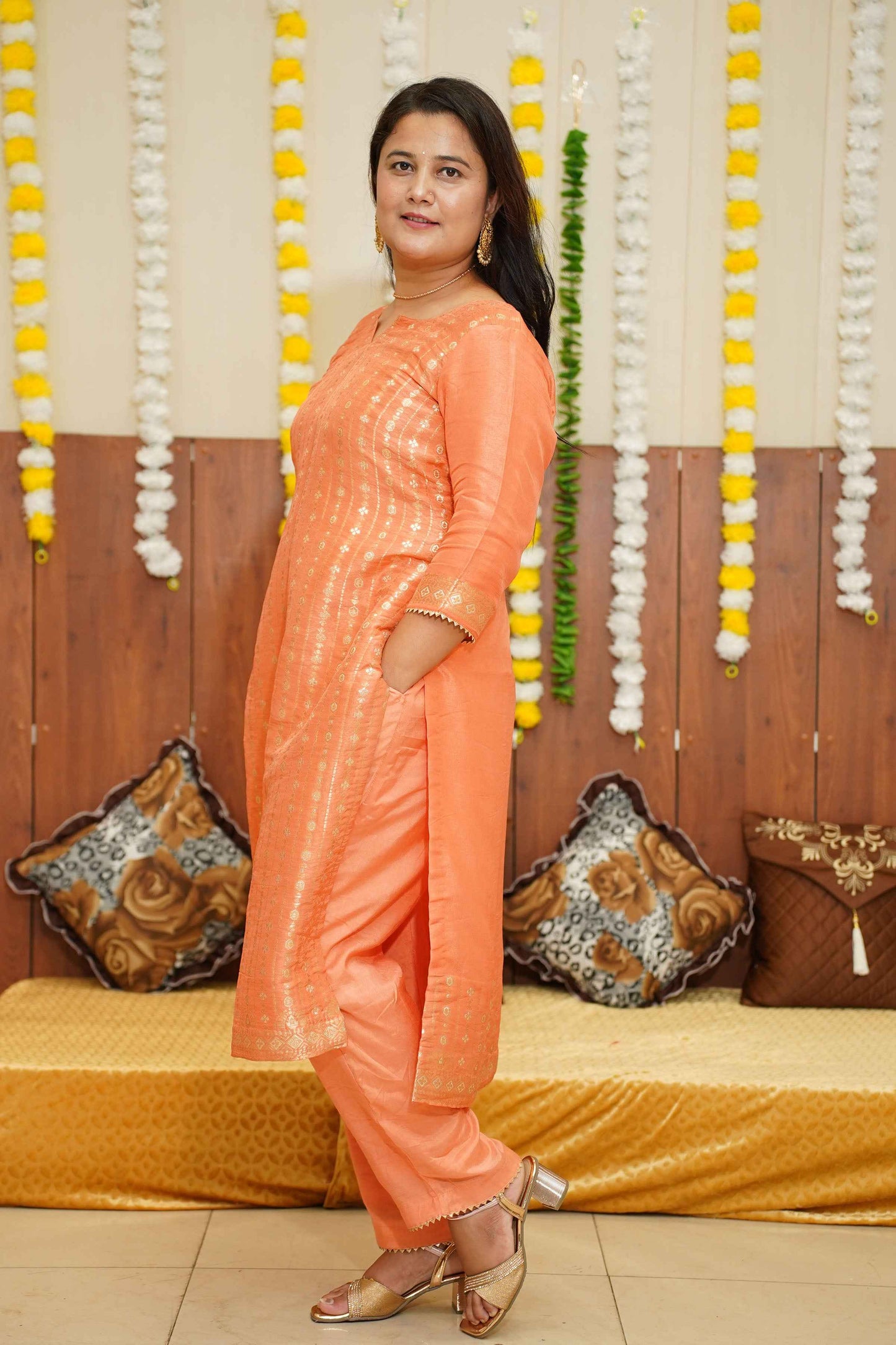 Buy Plus Size Peachy Blush Jacquard Silk Suit At Apella | Sizes XS to 10 XL | India | Free Delivery | Customized