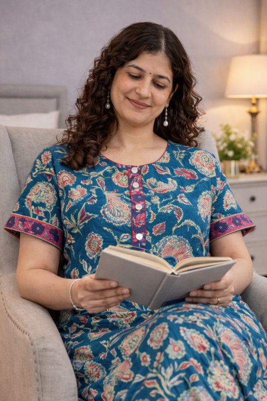 Peacock Blue Cotton Night Gown