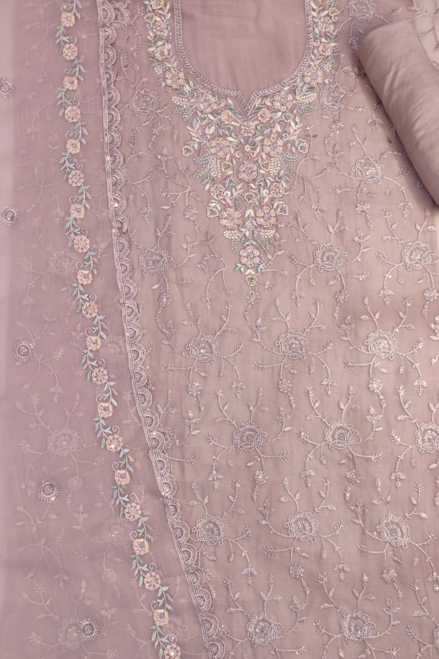 Pink Crushed Tissue Suit With Handwork