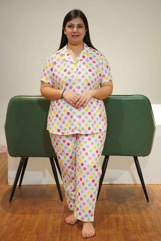 Buy Plus Size Pink Polka Cotton Night Suit At Apella | Sizes XS to 10 XL | India | Free Delivery | Customized