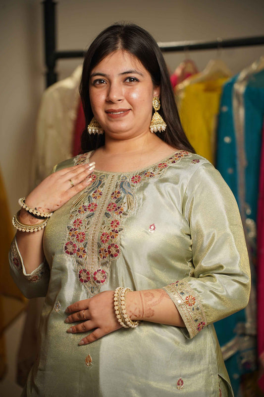 Zavira Tissue Shimmer Embroidered Sharara Suit