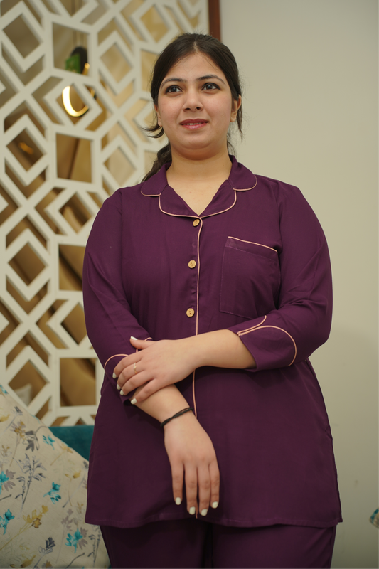 Buy Plus Size Plum Whisper Rayon Night Suit At Apella | Sizes XS to 10 XL | India | Free Delivery | Customized