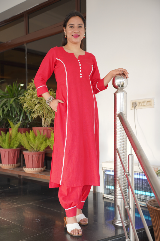 Buy Plus Size Red A-Line Cotton Linen Kurta At Apella | Sizes XS to 10 XL | India | Free Delivery | Customized