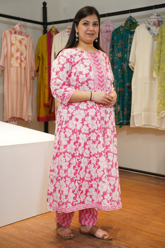 Rosette Pink Cotton Anarkali Set