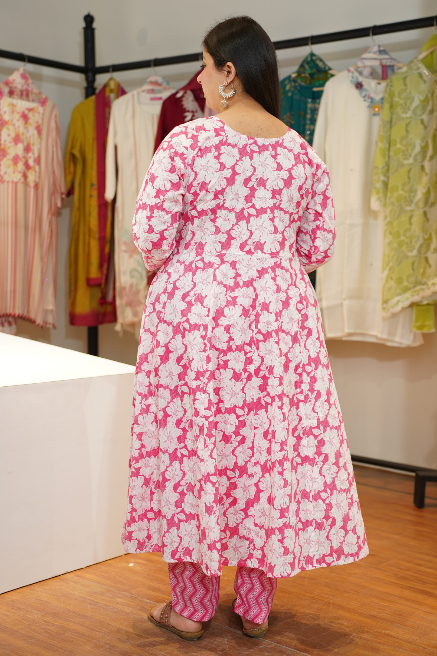 Rosette Pink Cotton Anarkali Set