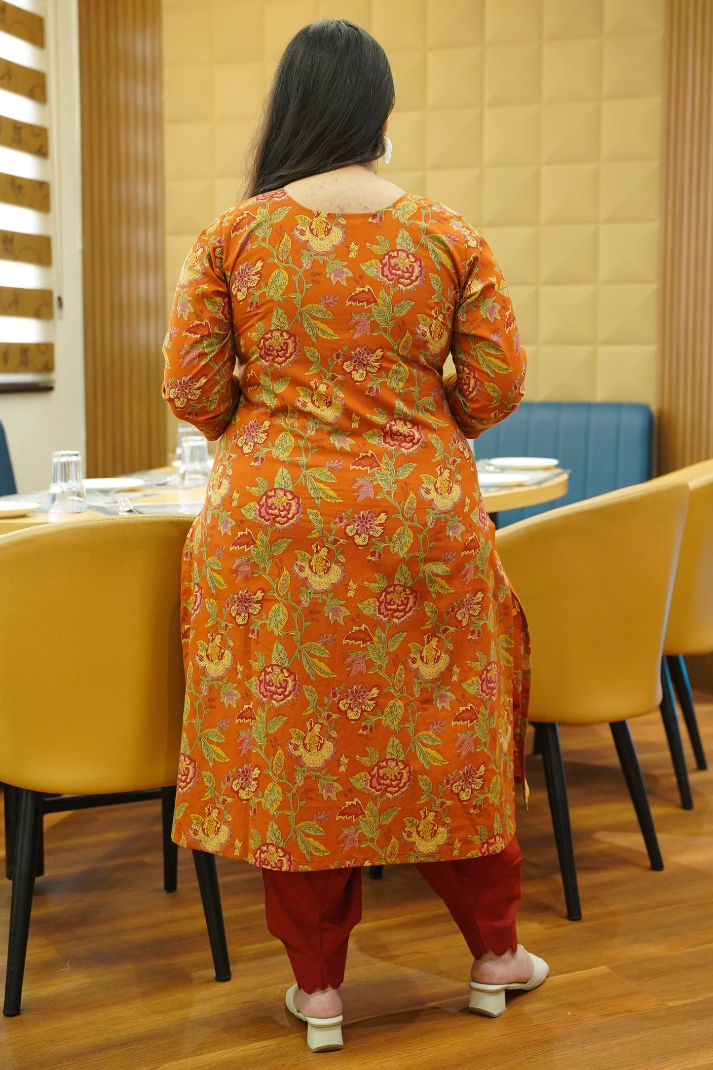 Rust Marigold Block Cotton Kali Kurta