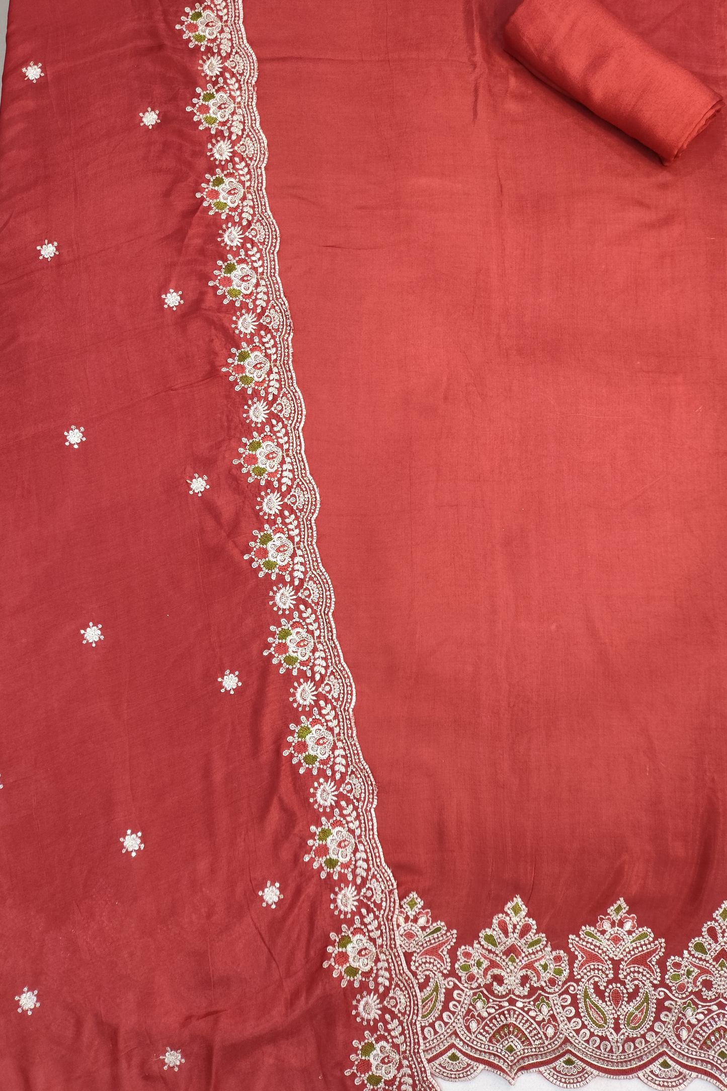 Rust Muslin Suit with Ivory Thread Work