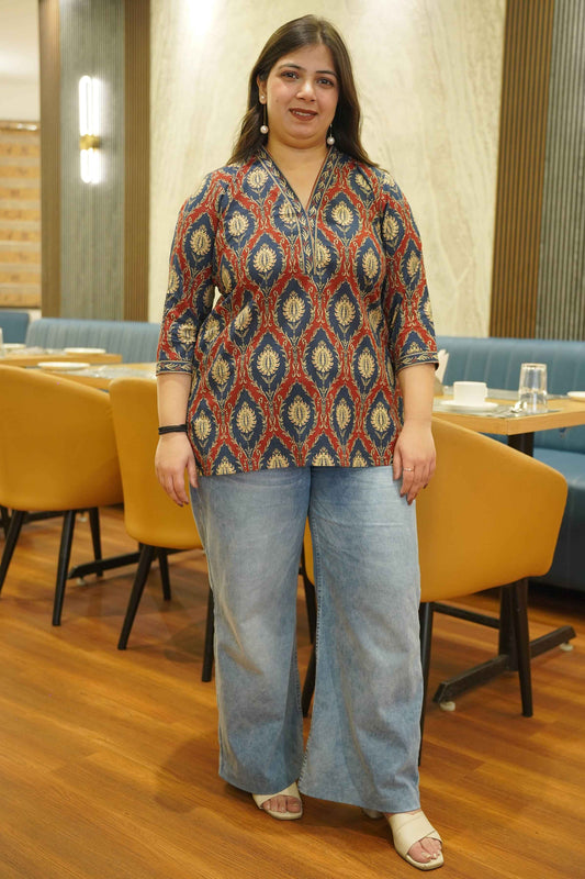Rusty Navy Block Printed Cotton Top