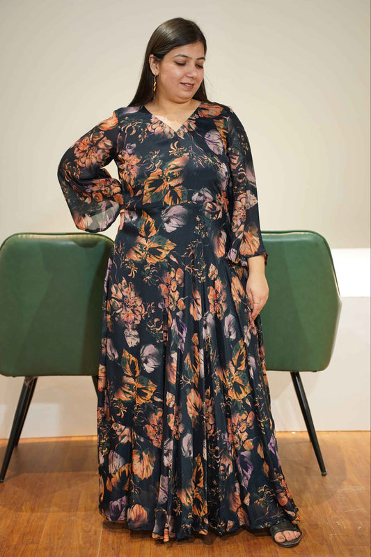 Smoke Blue Floral Chiffon Dress