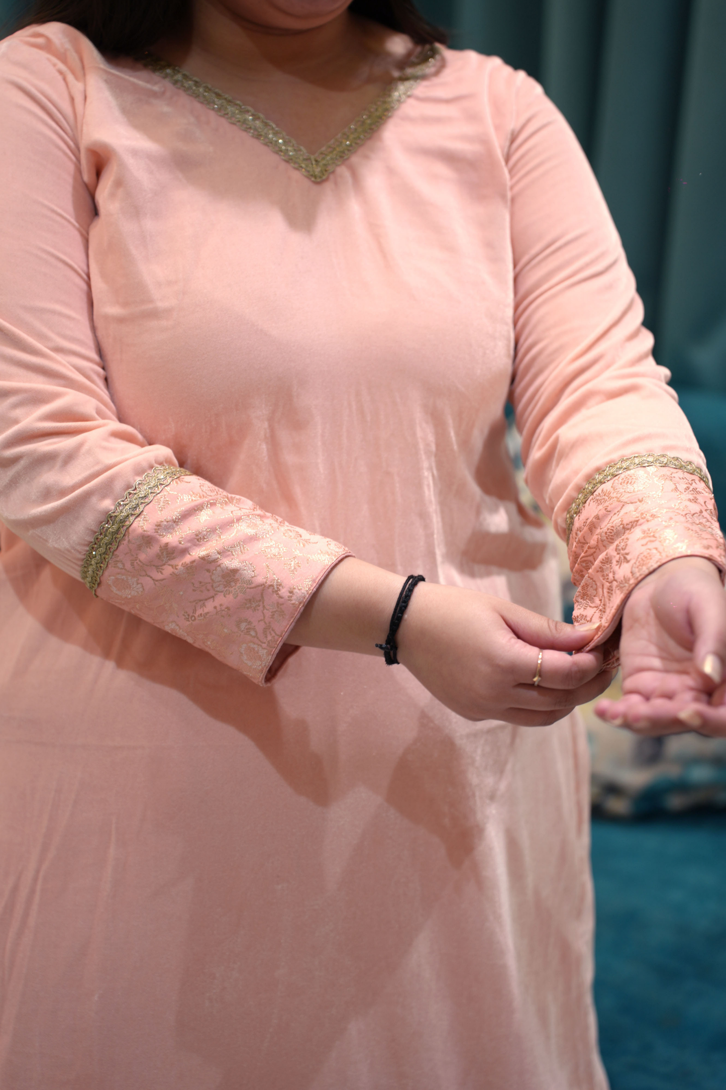 Pink Velvet Woollen Kurta with Brocade Pants