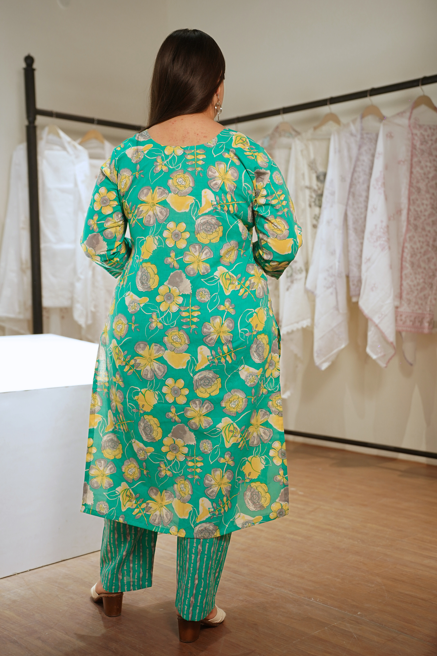 Sunlit Aqua Block Printed Cotton Suit Set