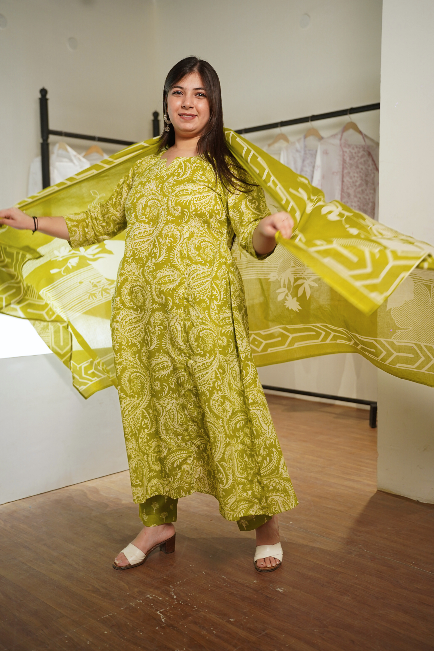 Sunlit Lime Cotton Block Printed Kalidar Set