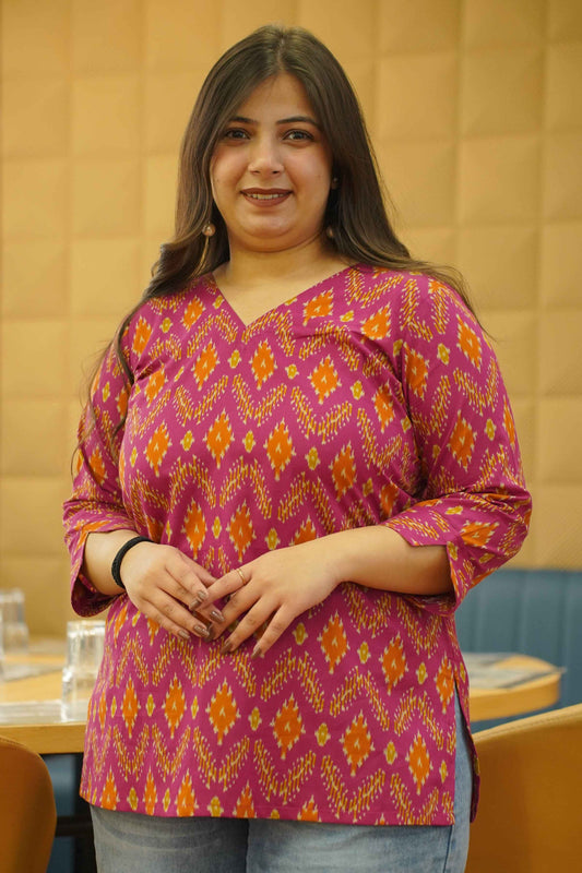 Tangy Fuchsia Ikat Printed Cotton Top