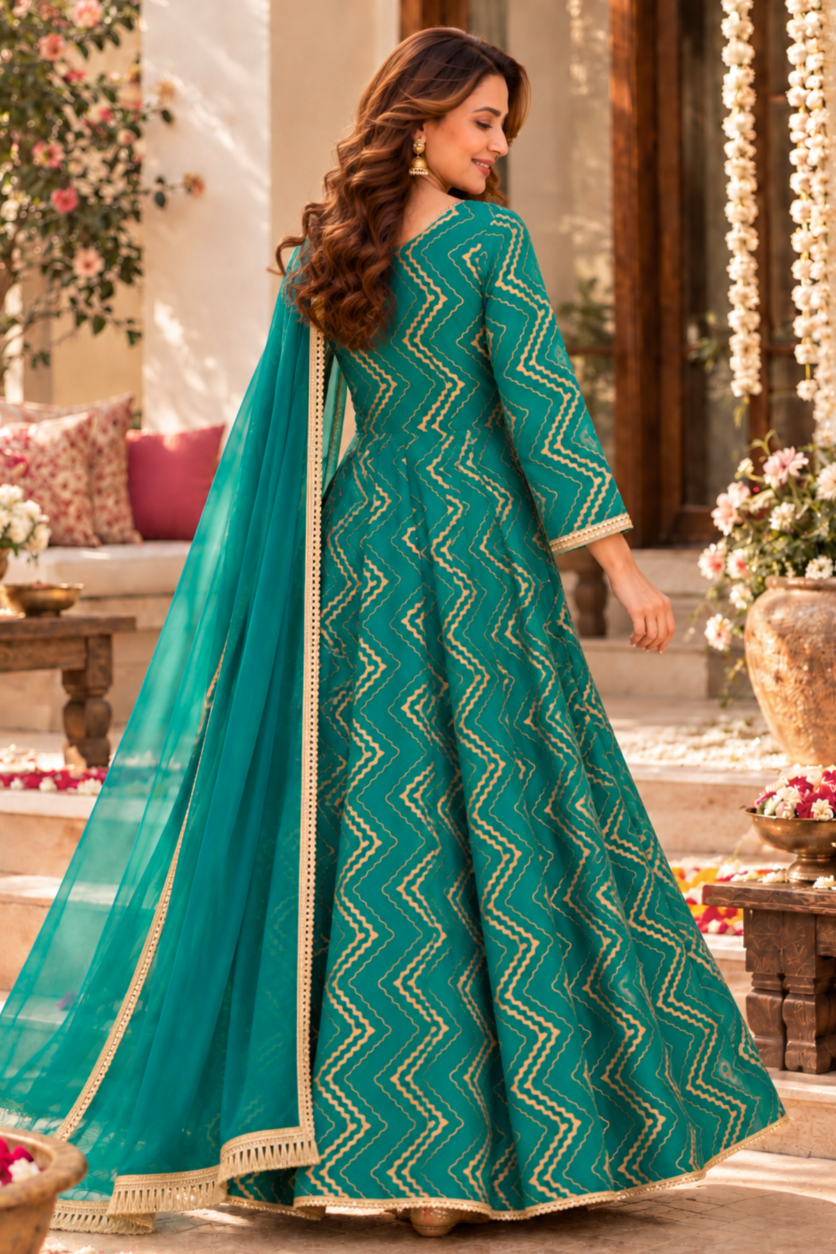 Emerald Glow Foiled Anarkali Dress