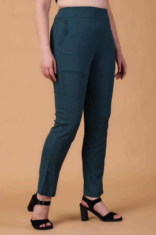 Buy Plus Size Teal Lycra Slub Pants At Apella | Sizes XS to 10 XL | India | Free Delivery | Customized