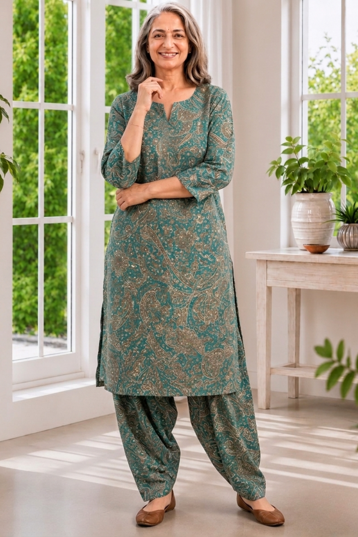 Teal Tapestry Foiled Cotton Kurta With Salwar