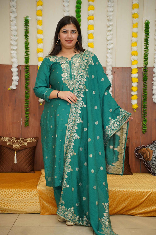 Buy Plus Size Teal Treasure Silk Suit Set At Apella | Sizes XS to 10 XL | India | Free Delivery | Customized